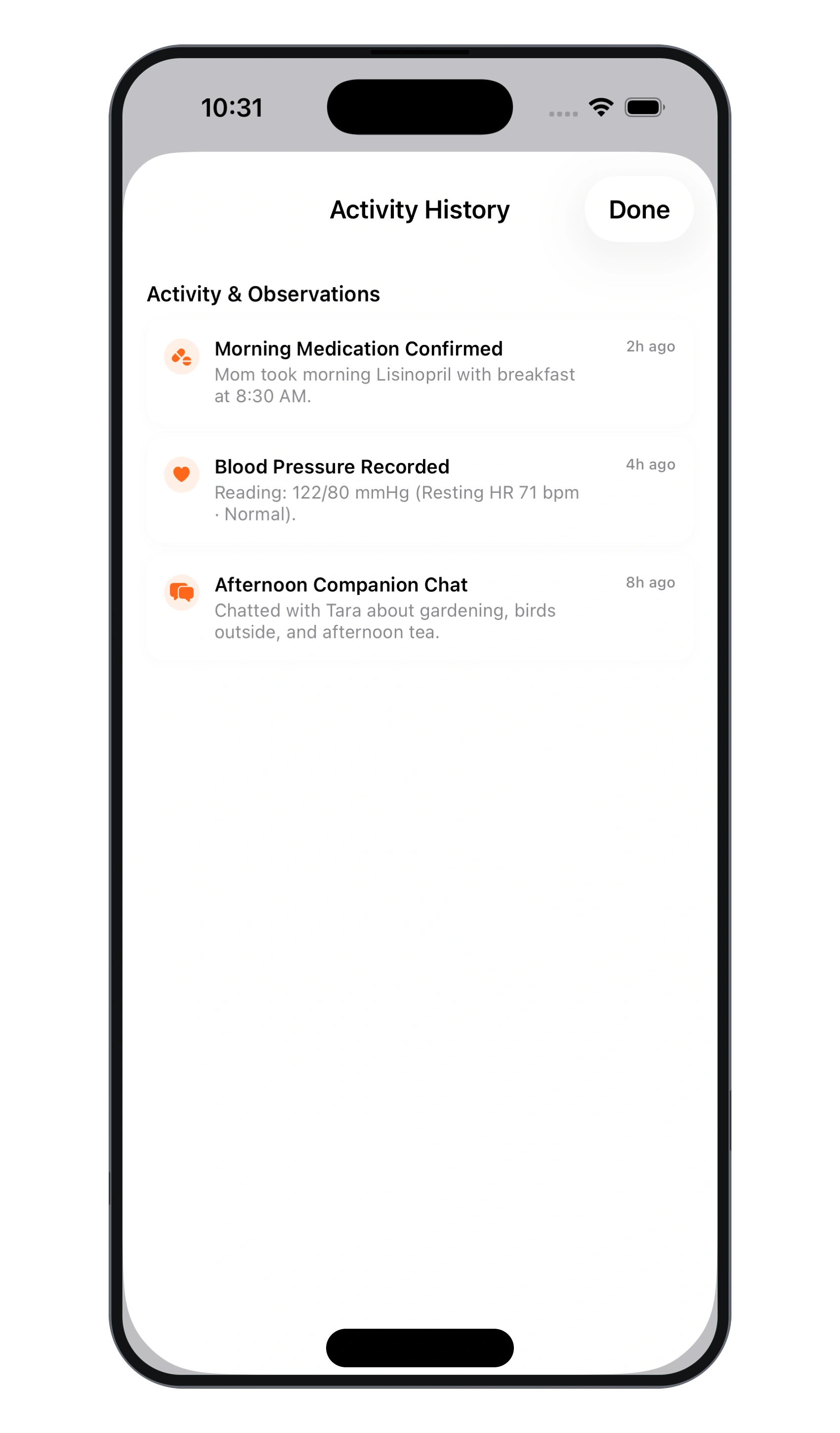 Activity history timeline of caregiver check-ins and appointments