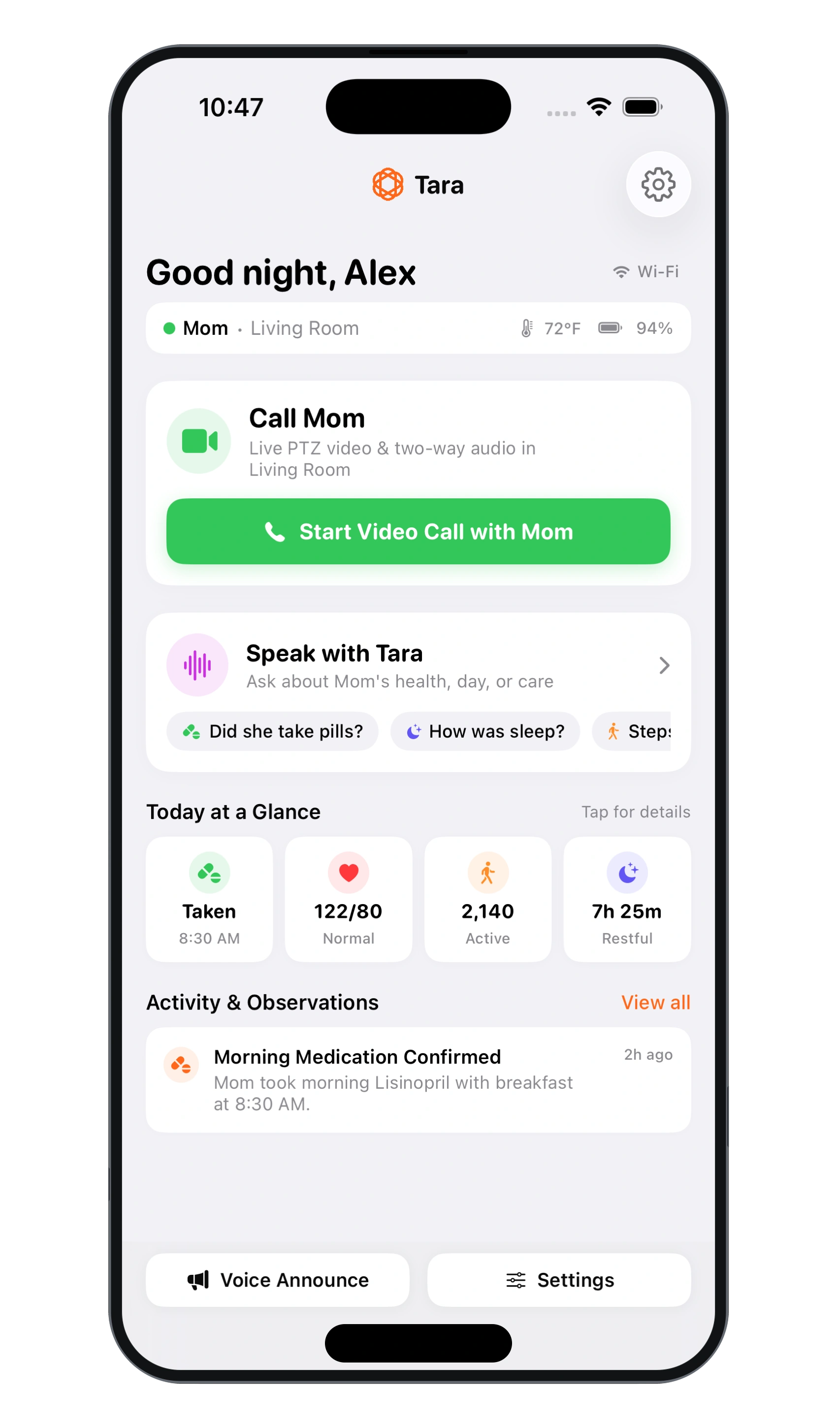Sevah Caregiver App Home Dashboard showing active Tara device status, daily check-in logs, and quick actions