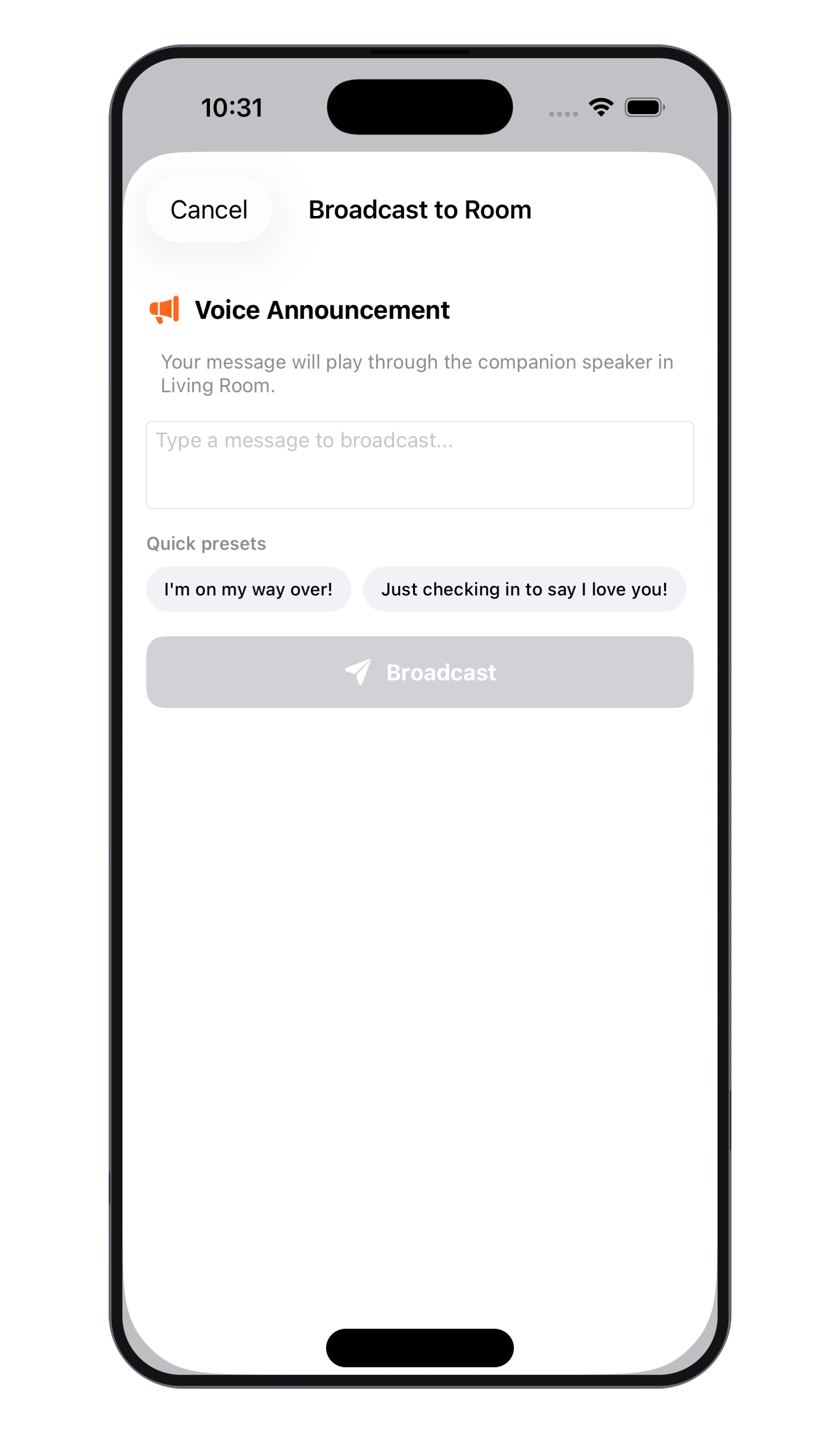 Quick voice announcement to Tara device in parent's living room