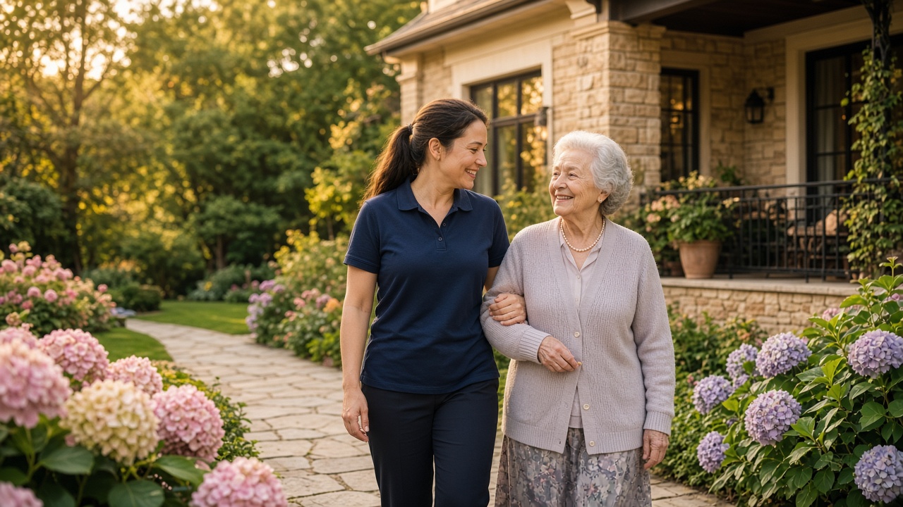 A caregiver and an older woman walking together in a garden.