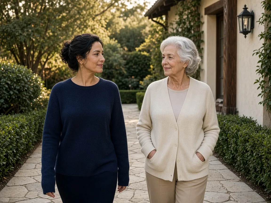 A caregiver and an older woman walking together in a garden.