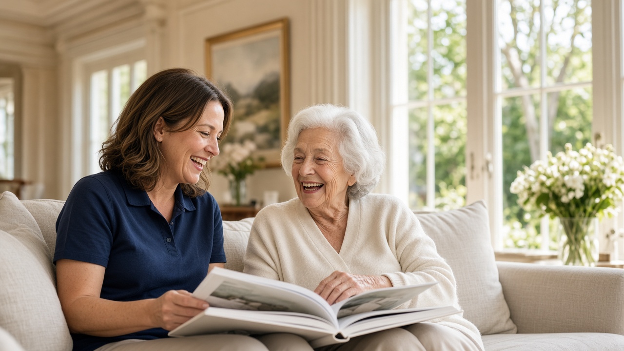 A caregiver and an older woman together in a living room at home.