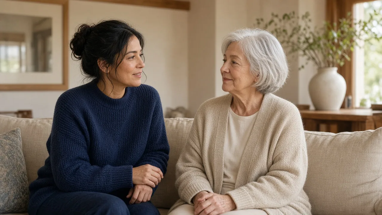 A caregiver and an older woman together in a living room at home.