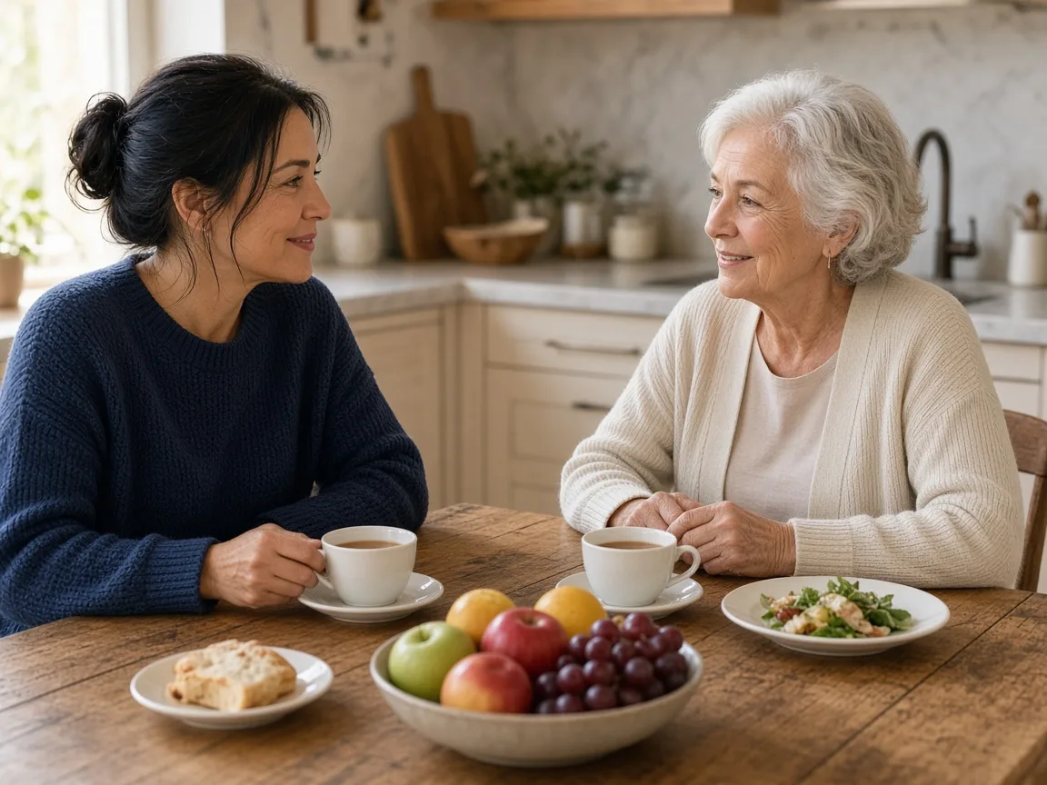 A caregiver and an older woman sharing a meal at a kitchen table.