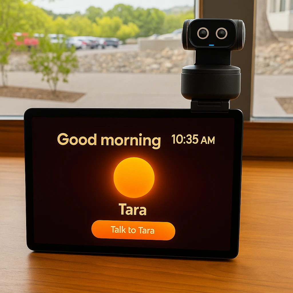 The Tara device on a home table, showing its elder-friendly screen with a large clock and a Talk to Tara button