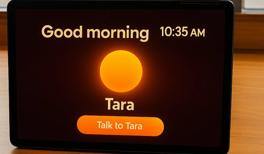 Close-up of Tara elder-friendly screen: a large clock, the name Tara, and a big orange Talk to Tara button