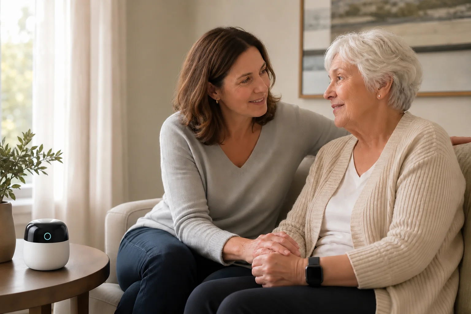 Adult daughter sharing a reassuring moment with her mother and Tara at home