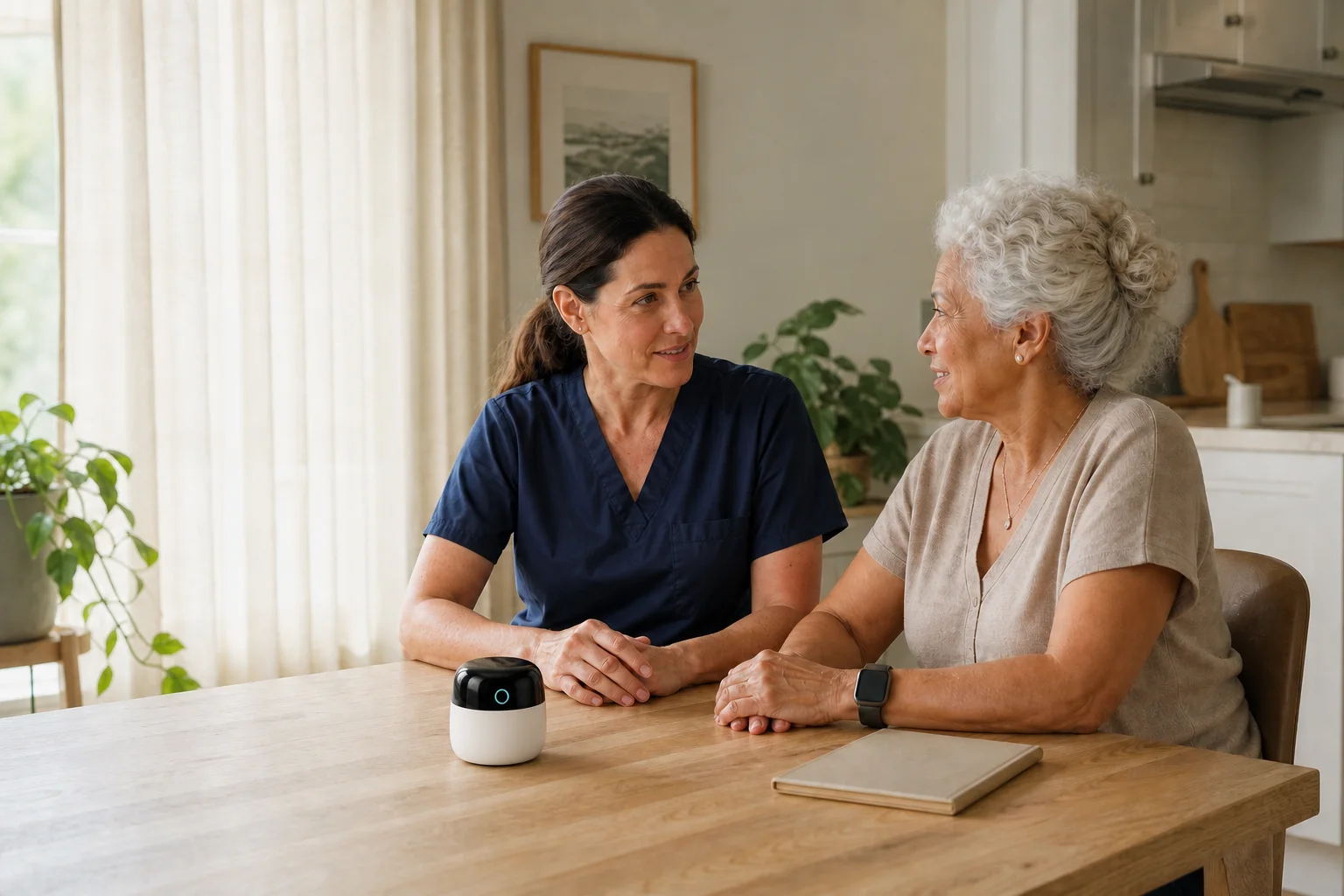 Home care worker listening to an older adult beside Tara
